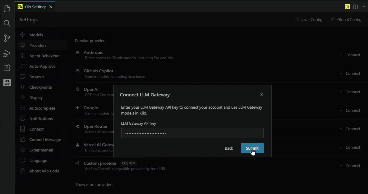 Connect LLM Gateway — enter API key