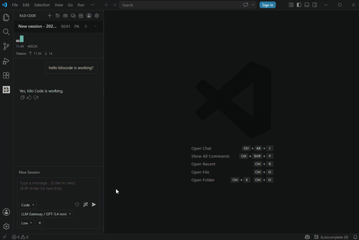 Kilo Code chat active with LLM Gateway