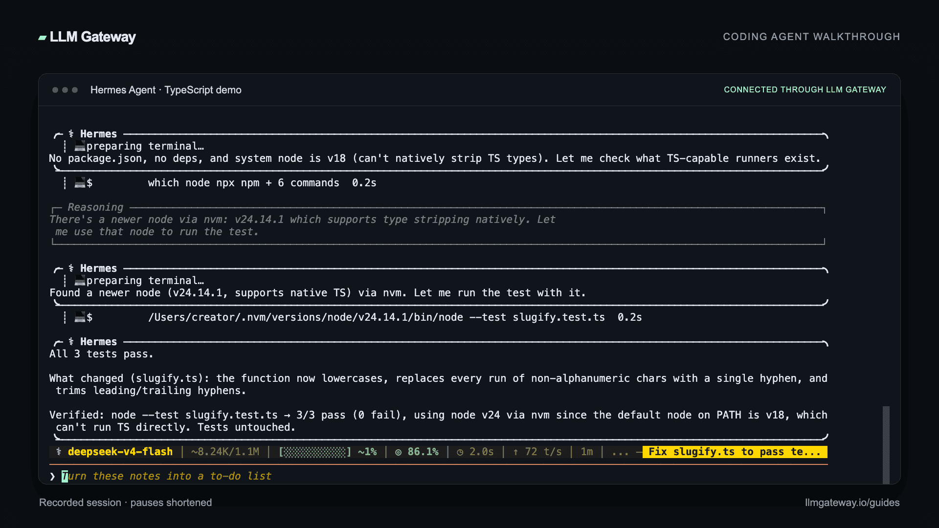 Hermes Agent completing the coding task through LLM Gateway