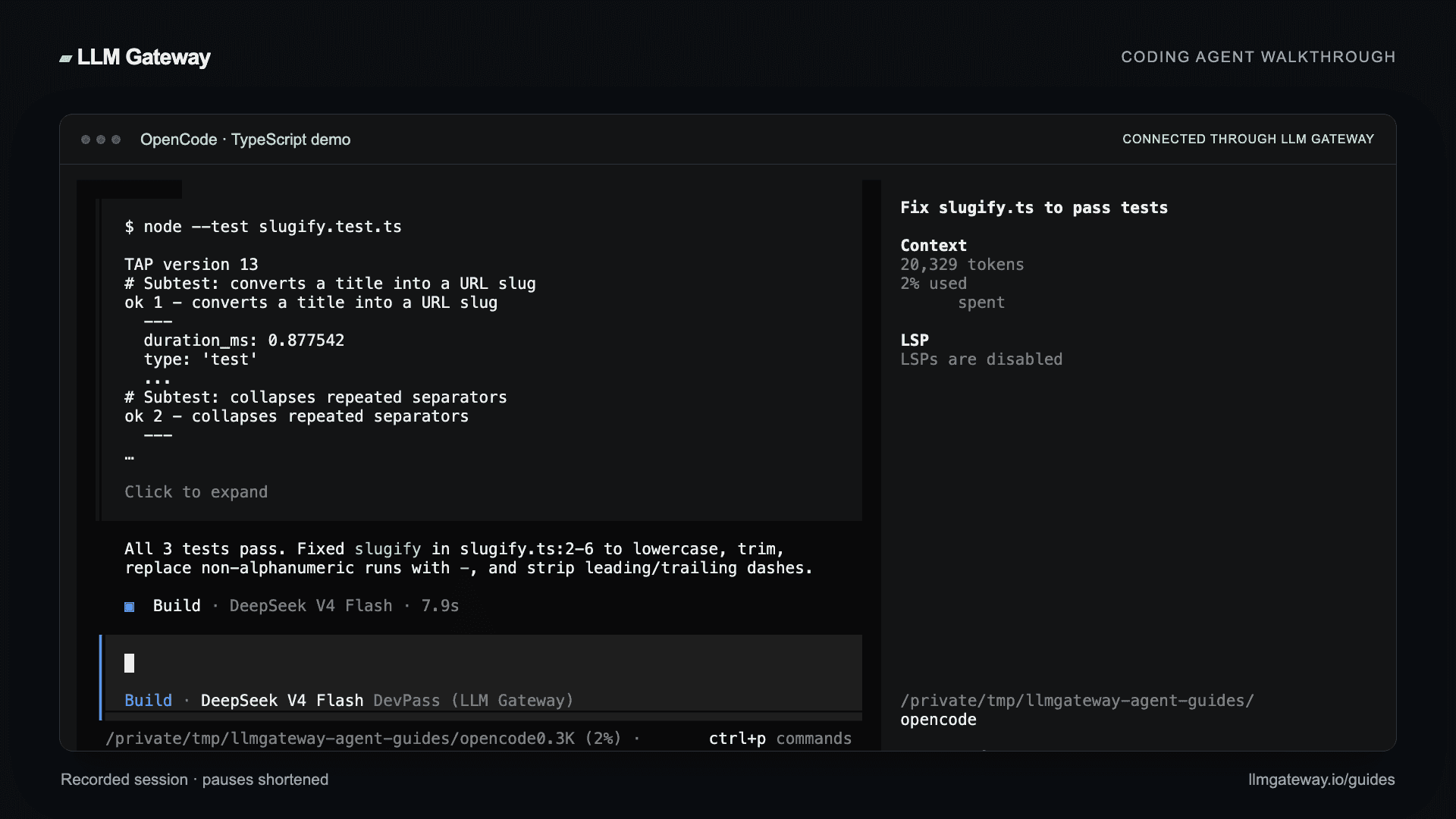 OpenCode completing the coding task through LLM Gateway