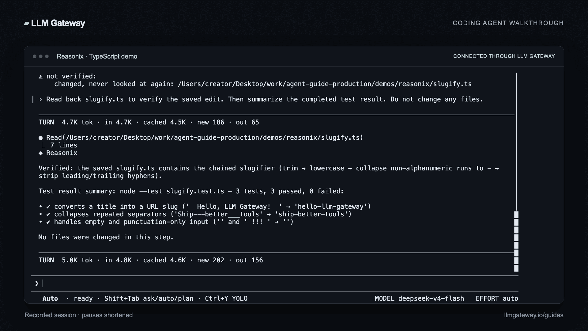 Reasonix completing the coding task through LLM Gateway