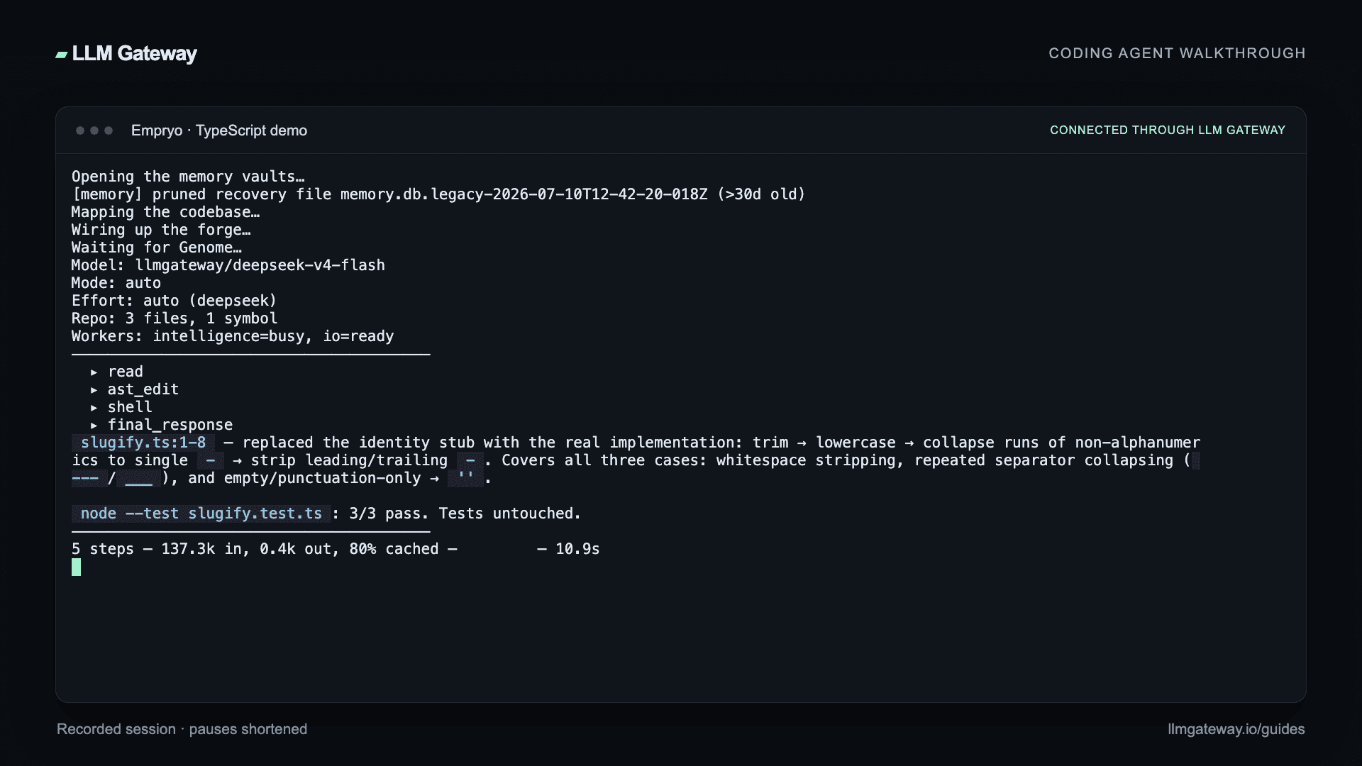 Empryo completing the coding task through LLM Gateway