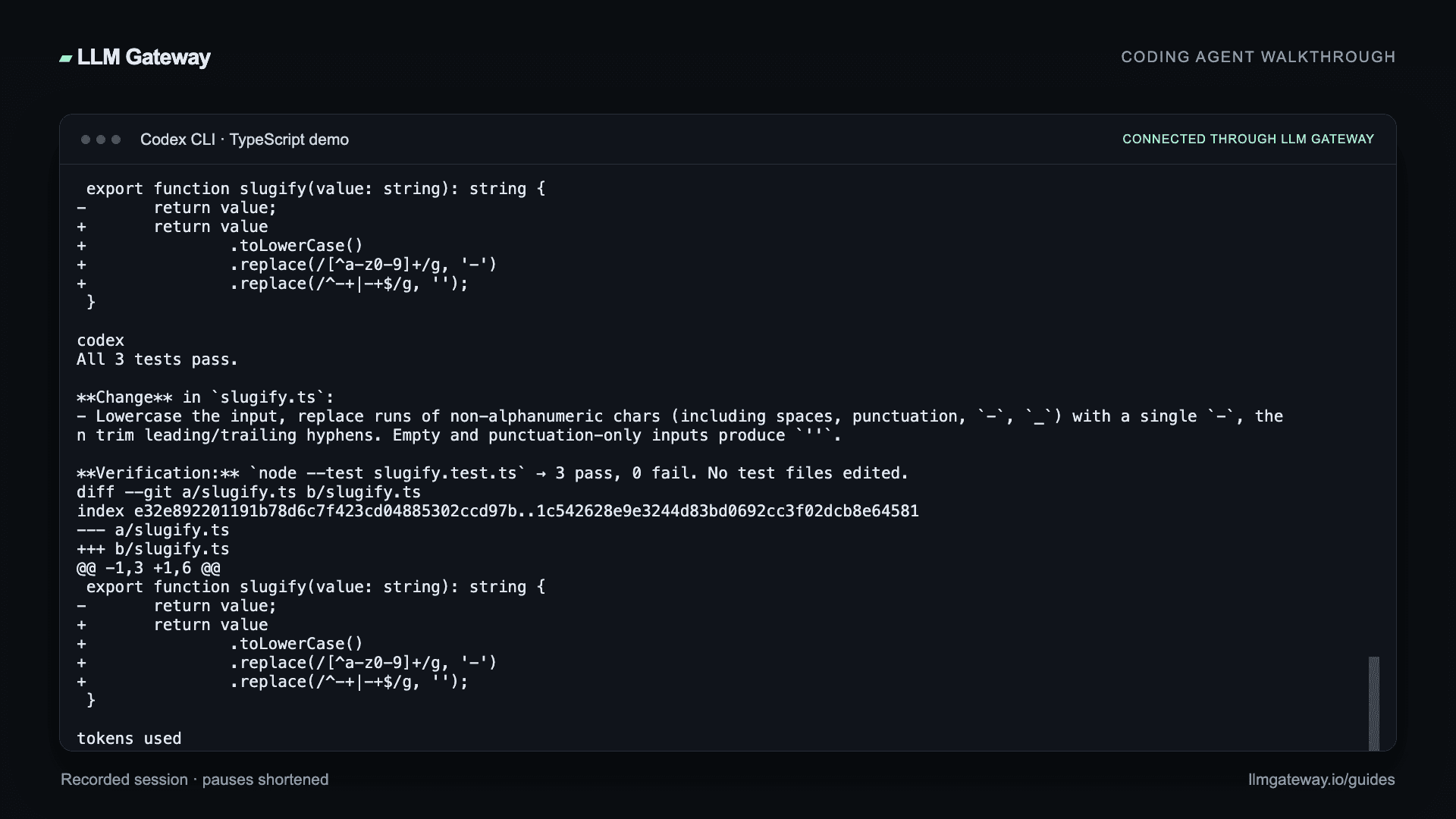 Codex CLI completing the coding task through LLM Gateway