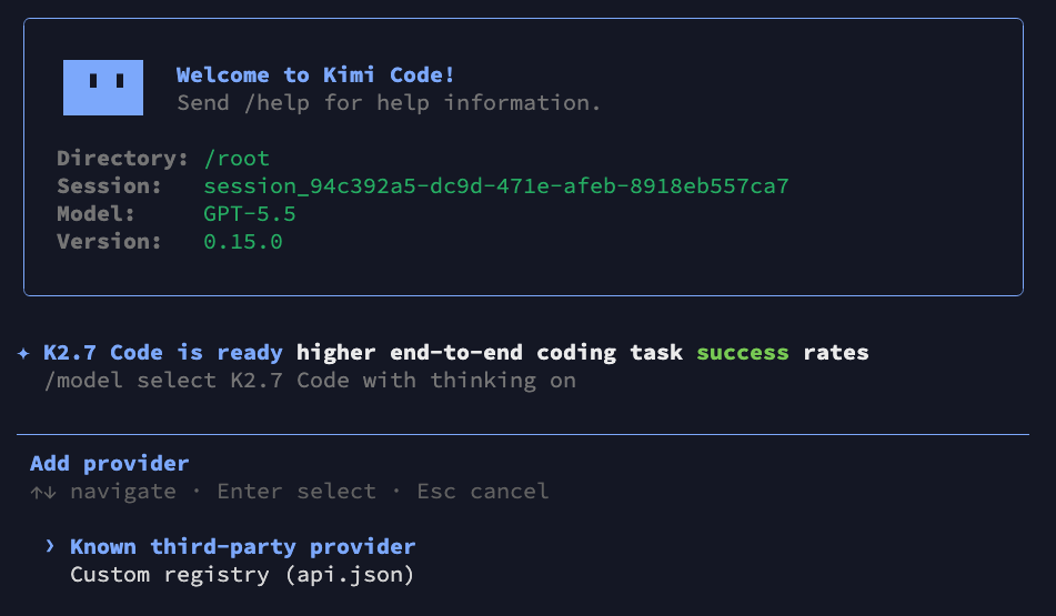 Opening Provider Manager in Kimi Code