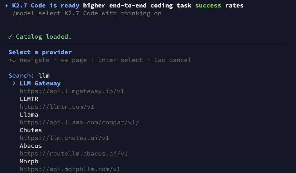 Selecting LLM Gateway in Kimi Code
