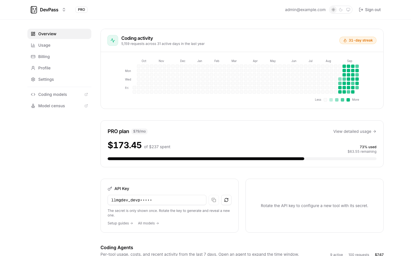 DevPass dashboard with coding activity, plan usage, and the API key