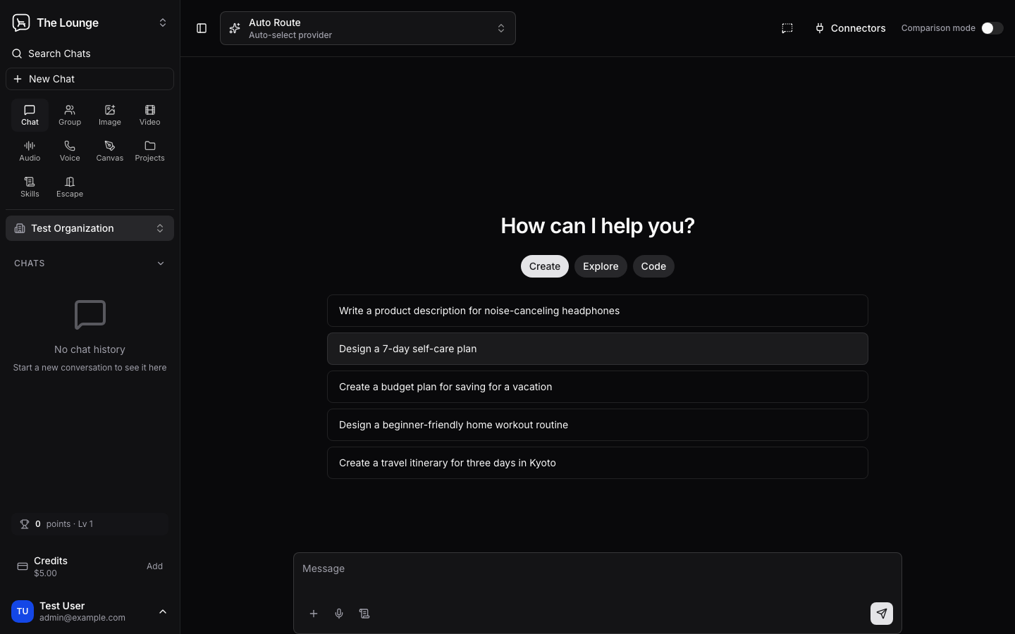 Lounge home with the model picker and prompt suggestions