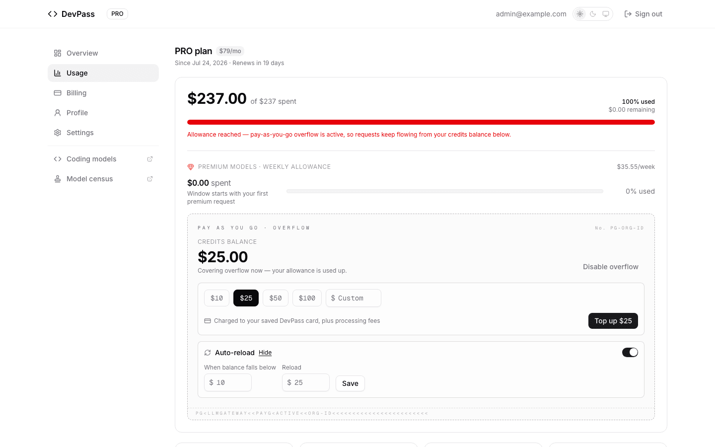 The auto-reload panel on the pay-as-you-go card, with the threshold and reload amount fields open
